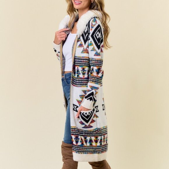 new ON BLUE CARDIGAN SWEATER fur hood western bohemian AZTEC YELLOWSTONE SM-LG - Picture 7 of 9